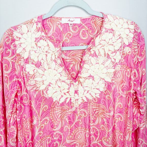 Amaya Pink Silk Tunic Size 38/M Floral Embroidered Neckline Cuffs Scroll - Picture 3 of 12